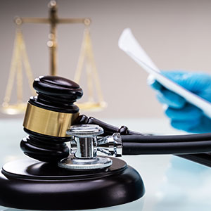 Medical gavel and stethoscope on a desk with justice scales in the background.- Porter & Guidry Law Firm