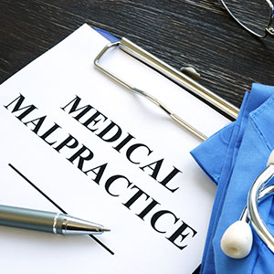 Paper with 'Medical Malpractice' written on a clipboard, with a pen and stethoscope nearby.